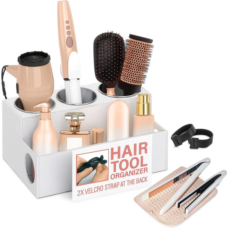 Organisateur pour outils à cheveux blanc avec tapis résistant à la chaleur, organisateur pour outils chauds, organisateur pour brosse à cheveux
