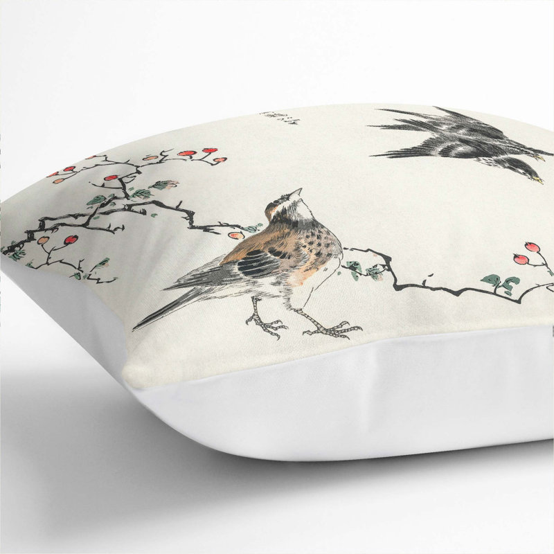 Thrush Birds by Numata Kashu Cushion with Filling, 55cm H x 55cm W x 20cm D, White