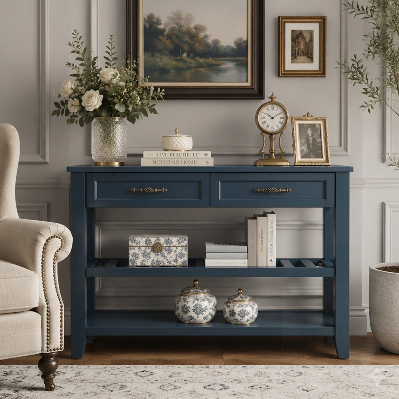 Console en bois massif de style Mid-Century avec 2 tiroirs et 2 tablettes, bleu marine, idéale pour le salon et le vestibule
