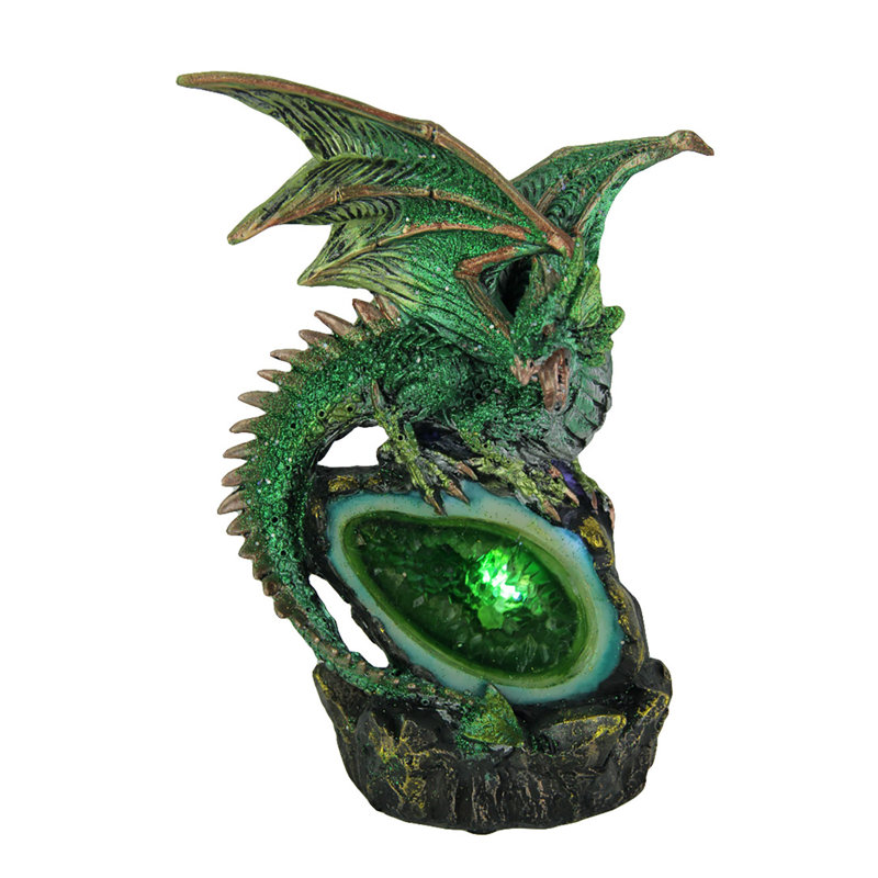 Hamm Gothic dragon decorative figurine in hand-painted metallic green and gold resin with acrylic color-changing LED geode — 8 inches high