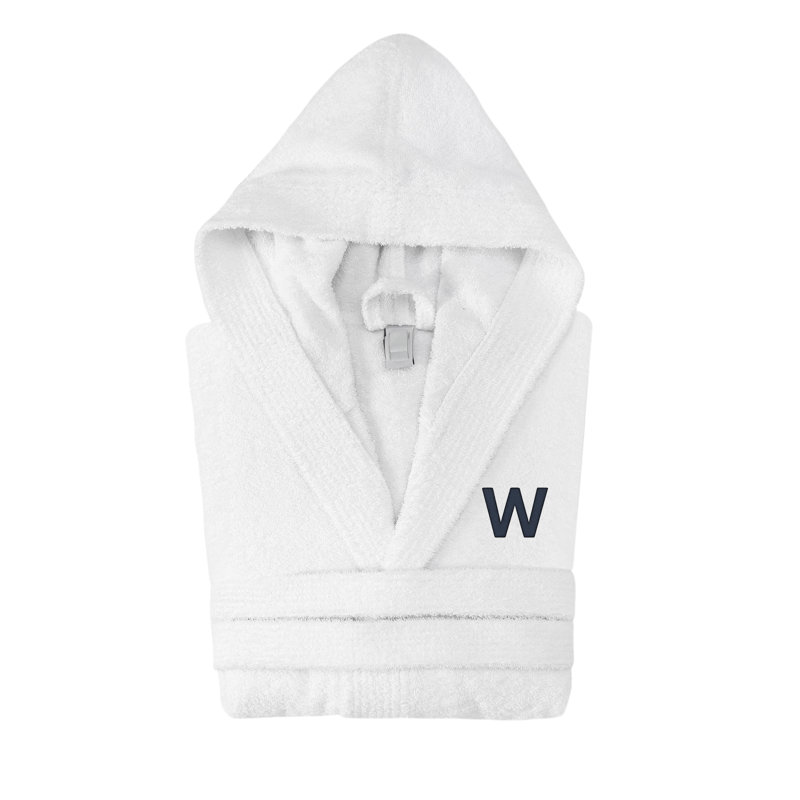 Peignoir monogrammé à capuche en coton turc, W, Blanc