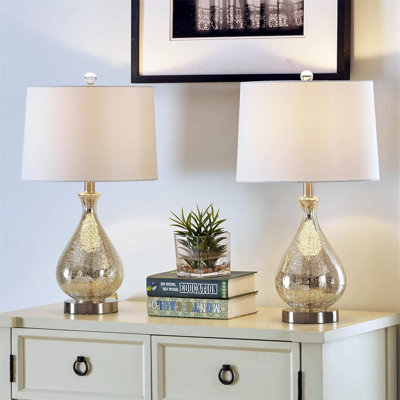 23" Modern Clear Water Glass Table Lamp with White Linen Shade and Polished Nickel Base (Set of 2) for Bedroom, Office, College Dorm, Coffee Table, Bookcase
