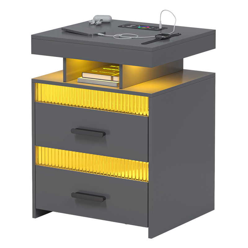 Keimar LED Nightstand with Charging Station, 2 Drawers End Table with Human Sensor 24 Colours Lights, Grey/Black