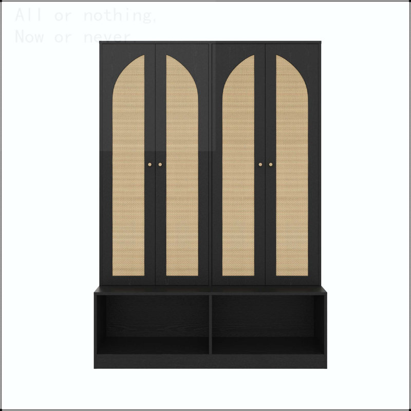 Rattan Hall Tree with 6 Hooks and Adjustable Shelves, Black