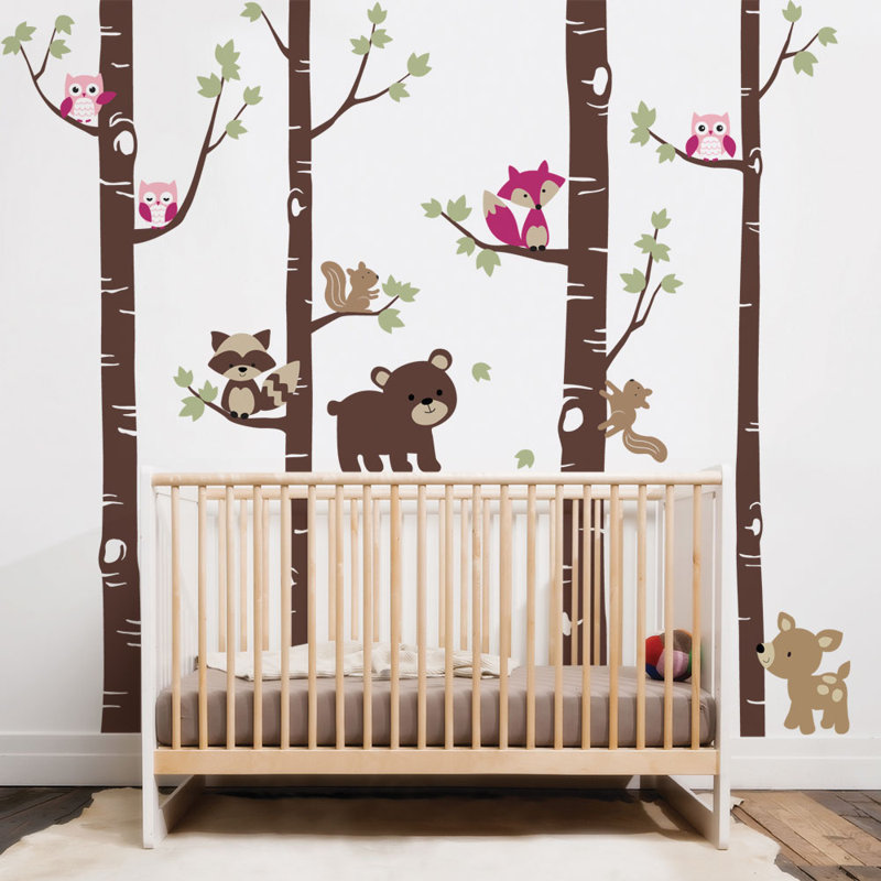 Adhésif décoratif bouleaux avec de jolis animaux de la forêt, H 108 po x l 112 po, Schéma C