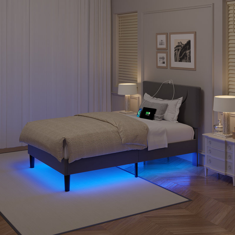 Twin Size Bed Frame Set Of 2 LED Lights Headboard With Charging Station And USB Port Twin Platform Bed Wood Slats Support No Box Spring Needed