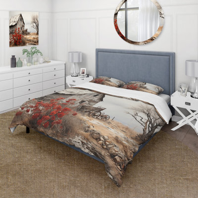 Ensemble d'édredon paysage 4 pièces - Ensemble de literie et coussin décoratif Red Farmhouse Rustic Elegance I