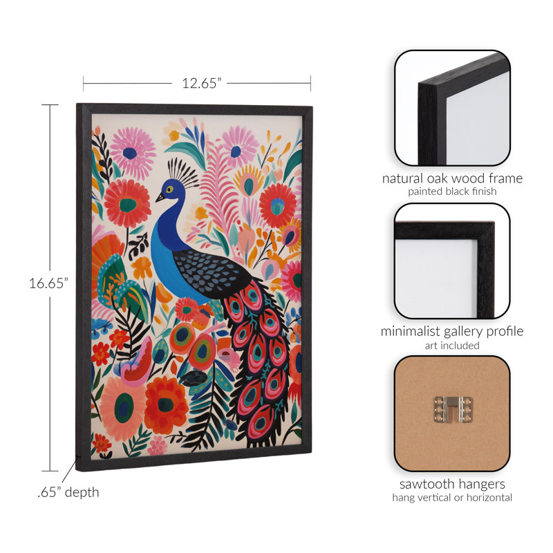 Art moderne paon vibrant moderne, Cadre noir, H 12,65 po x l 16,65 po