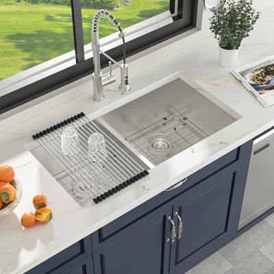 36" L x 19" W Low Divider Undermount Double Bowl Stainless Steel Kitchen Sink with Sink Grids and Basket Strainers