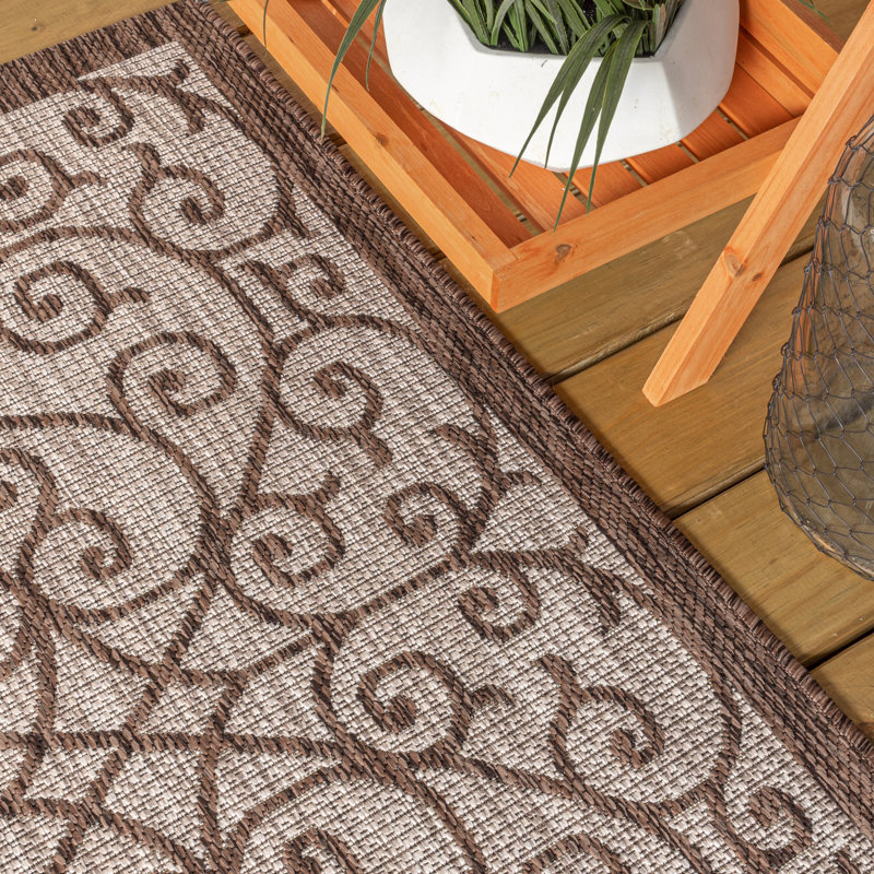 Haggerty Vintage Filigree Textured Weave Taupe/Espresso Indoor/Outdoor Rug, Rectangle 3'11" x 6'