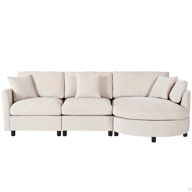 Canapé modulaire en chenille 3 pièces 107 po avec méridienne courbée et 3 coussins décoratifs 107 po