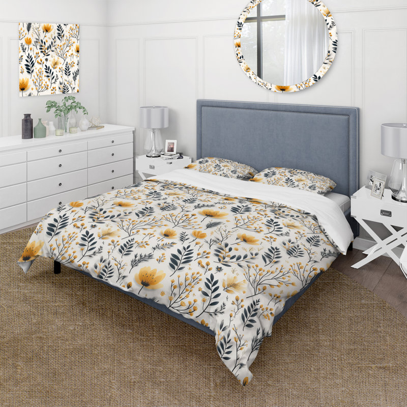 Literie jaune et blanche à motif floral, Housse de couette simple + 1 taie décorative stan