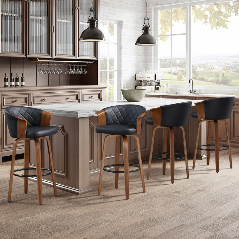 Lesli 30.51'' Swivel Tufted Faux Leather Upholstered Bar Stool (Set of 4), Black Seat/Brown Frame