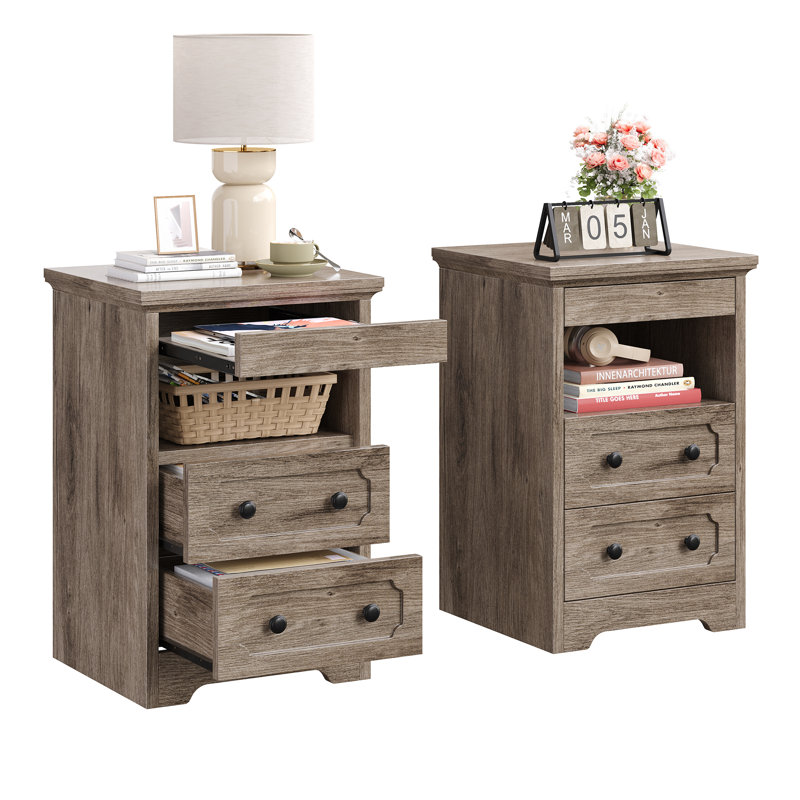 Wooden Nightstand Set Of 2, Bedside Table With 2 Drawers And Open Shelf, End Table With Pull-out Tray, Side Tables For Living Room And Bedroom, Black