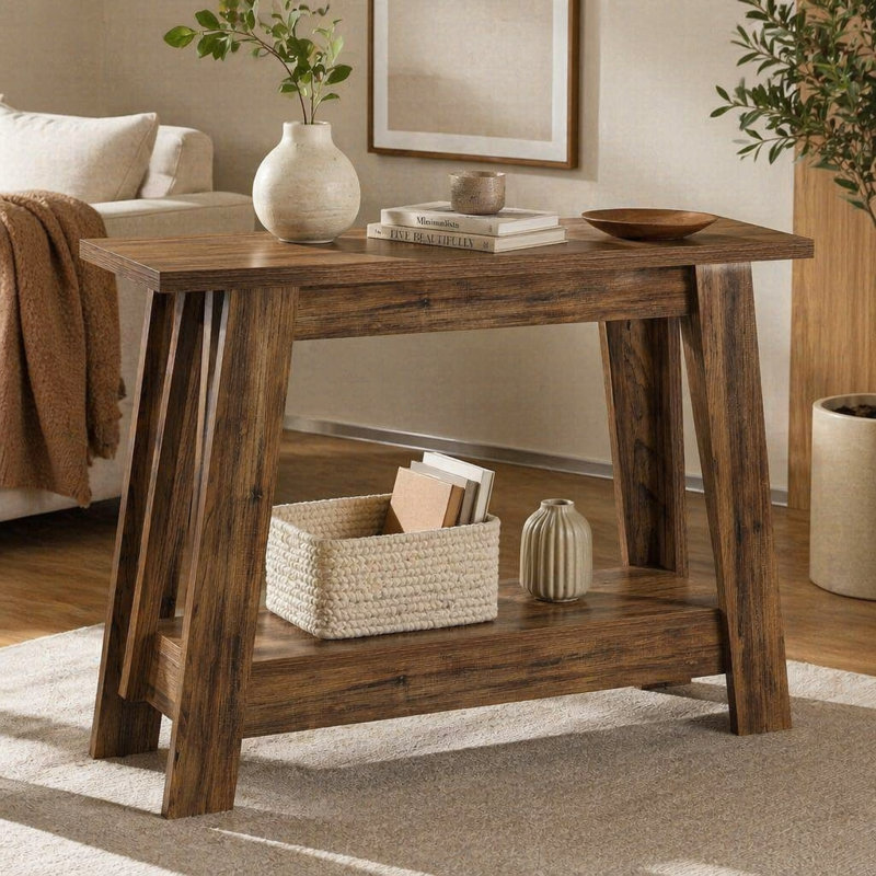 Console rustique, table d'entrée à 2 niveaux, canapé étroit