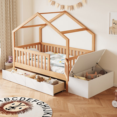 Toddler Bed with Storage Drawers & Lift-Top Chest, Solid Wood Bed with Safety Railings & Gate, Playhouse Bed Frame for Kids