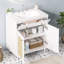 Meuble-lavabo de 76 cm avec lavabo en céramique, structure en bois massif, tablette réglable et panneaux avant pour un rangement moderne et polyvalent.