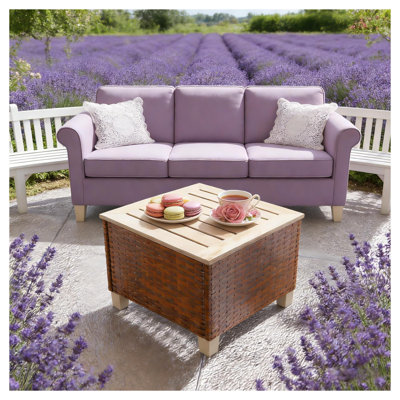 Petite table d'appoint d'extérieur rustique avec plateau en bois de sapin, table de bout en rotin PE brun