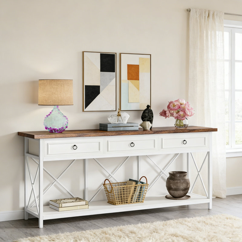 Table console 70,8 po à 3 tiroirs, canapé de ferme avec tablette de rangement, Blanc