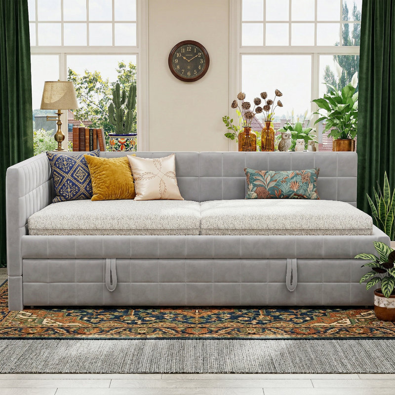 80.9" Full Size Upholstered Daybed With Twin Pop-Up Trundle - L-Shaped Backrest Sofa Bed With Built-In USB Ports - 32.3" High Guest Bed With 650 Lbs Capacity - Beige