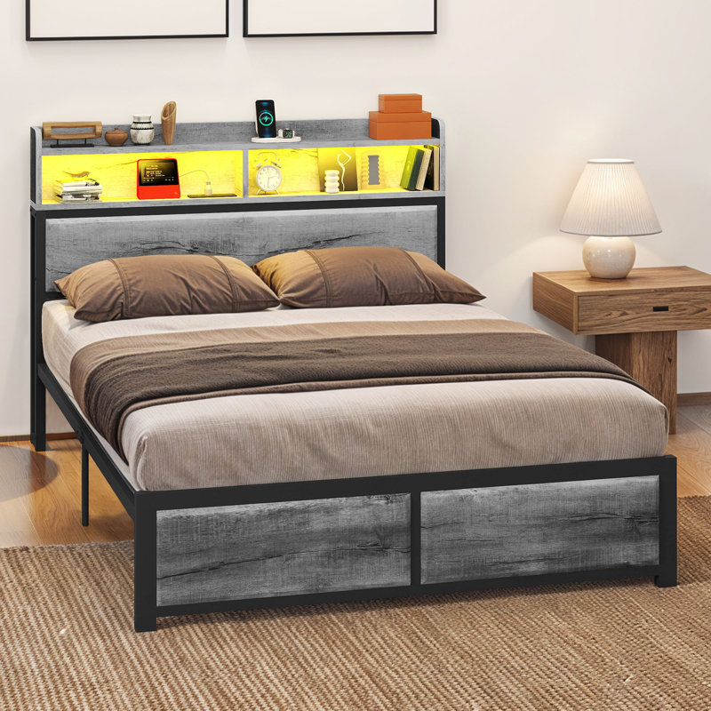 Balconera LED bed frame with headboard, USB ports & charging sockets,no box spring needed, Grey, 200W cm×220D cm×112H cm