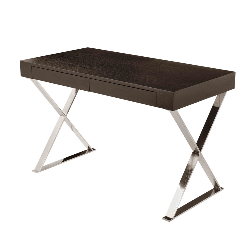 Alexa Contemporary Walnut Espresso top Writing Desk with Polished Steel/Metal X-Base and 2 Storage Drawers, Espresso/Silver
