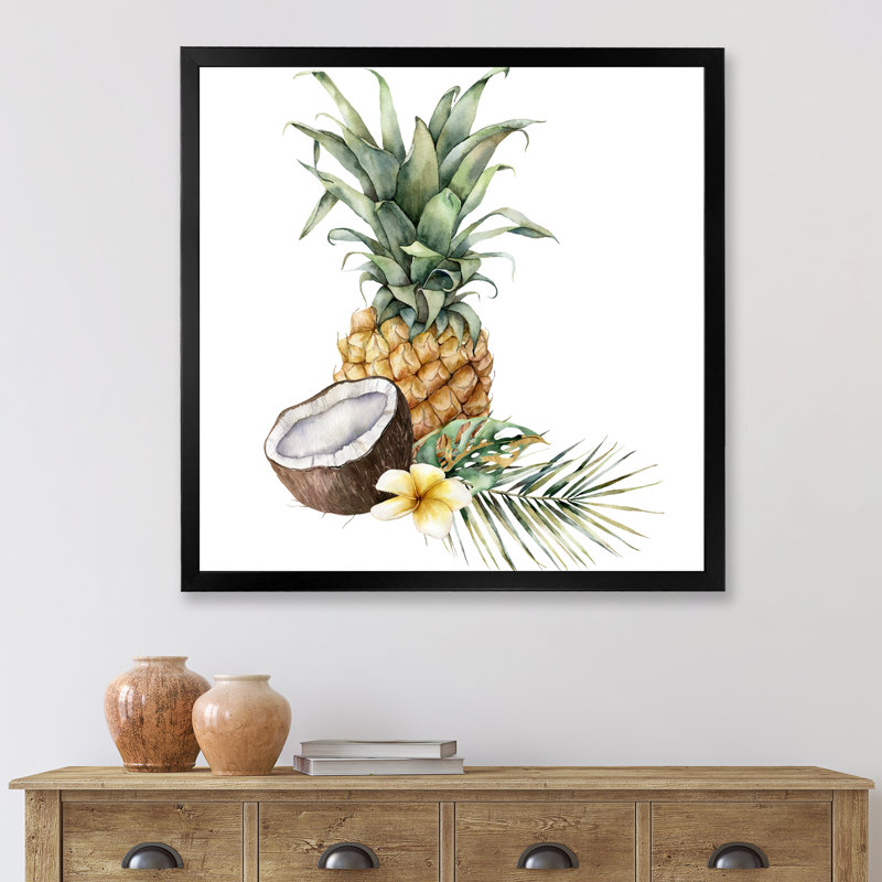 Ananas avec noix de coco, plumeria et feuilles de palmier - peinture sur toile à cadre flottant, H 30 po x l 30 po x P 1 po