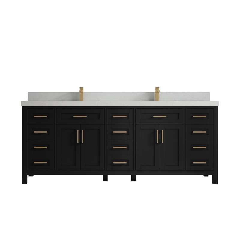 Eser 84'' Double Bathroom Vanity with Top, Black, Carrara White Quartz