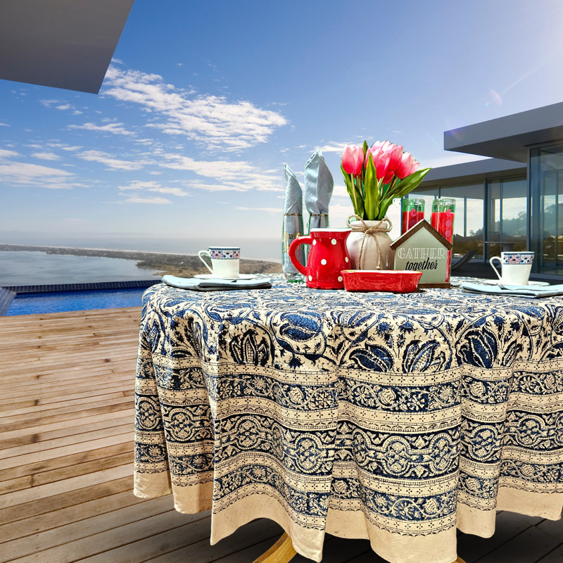Block Print Vegetable Dyed Cotton Tablecloth 72" Round Beige Blue