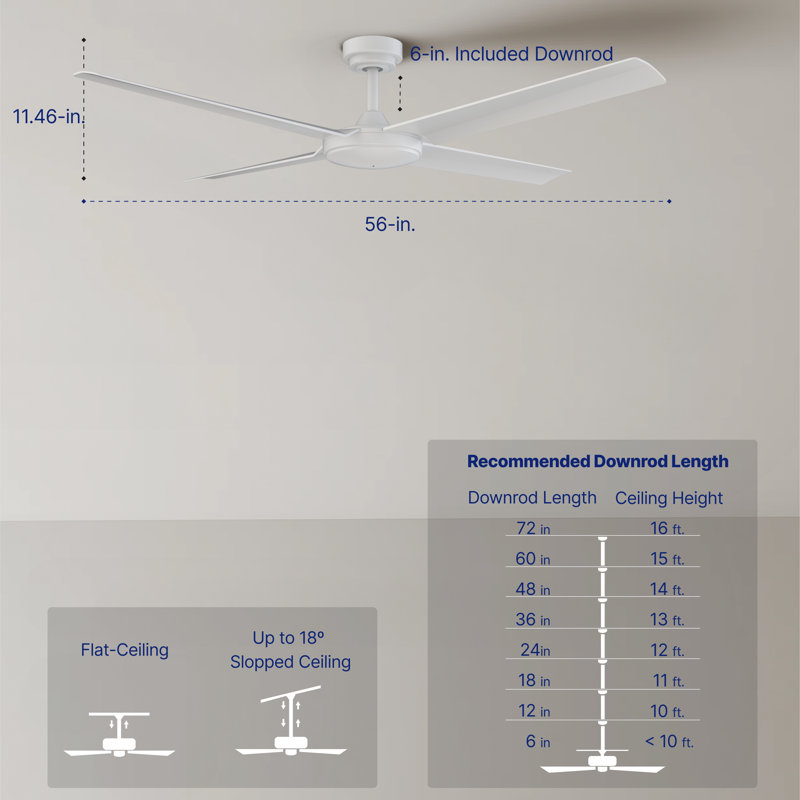 Burslem Outdoor Ceiling Fan 56'', Indoor Ceiling Fan Without Light, Modern Style with Remote, 6-Speed DC Motor and Quiet High Airflow - Matte White Finish