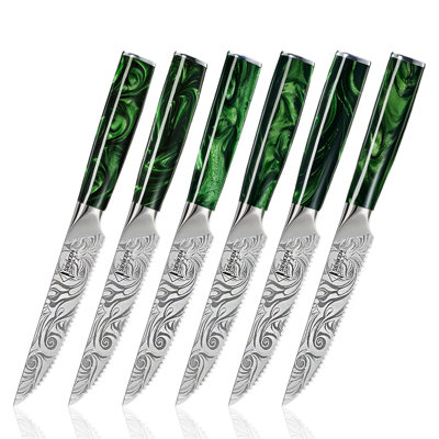 Senken Knives 6-Piece 'Wasabi' Steak Knife Set With Green Resin Handles And Engraved Blades, High Carbon Stainless Steel Blades with Emerald Green Han