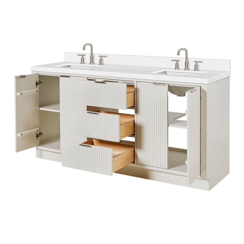 Haun 72'' Solid Wood Double Bathroom Vanity with 1.5'' White Quartz Top in Warm White, Rectangular Sink, Rectangle