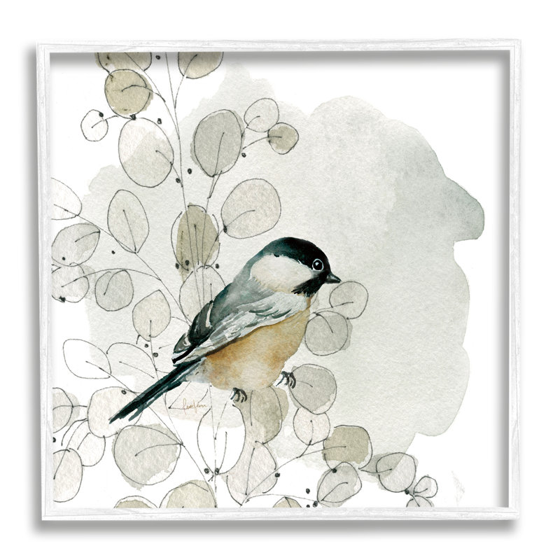 Oiseau pinson perché, botanique douce encadrée sur bois par Livi Finn, peinture, H 24 po x l 24 po x P 1,5 po