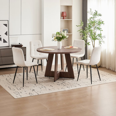 5 Piece 47'' Round Dining Table Set for 4, Farmhouse Kitchen Table with 4 Velvet/Corduroy Modern Dinning Room Chairs for Home, Apartment