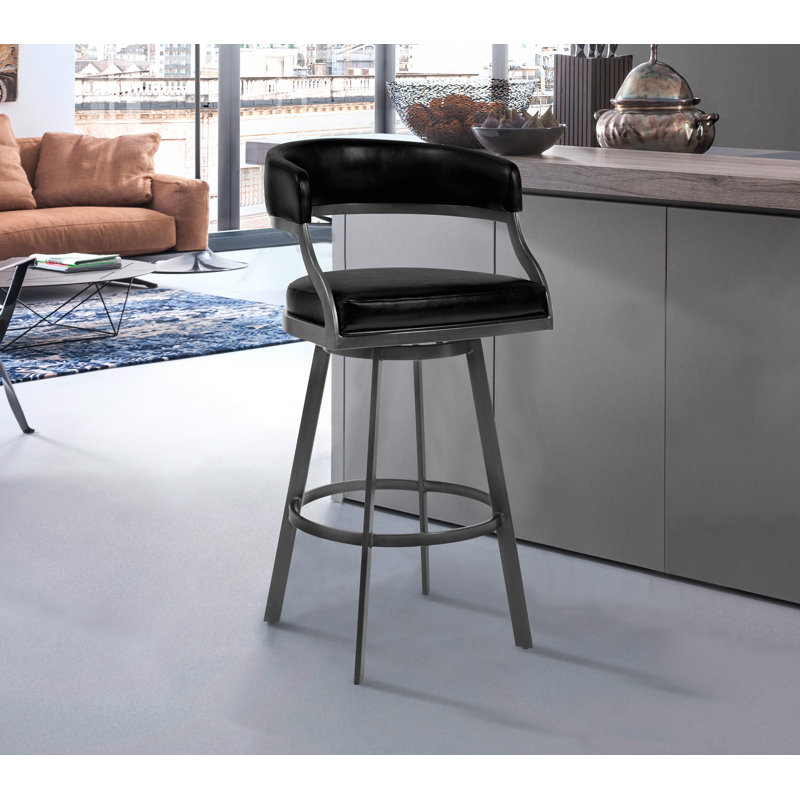Dehn Modern Swivel Counter or Bar Height Barstool with Open Back and Footrest in Metal and Faux Leather, Vintage Black