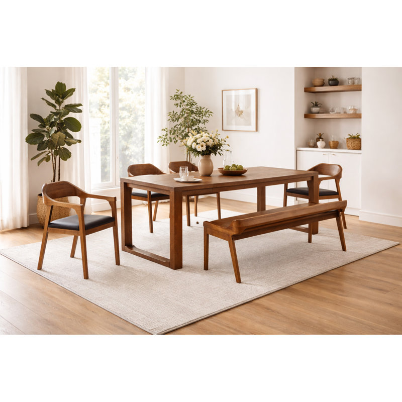 Aybri Drop Leaf Solid Wood Dining Set, 6 Pieces: table,bench, 2 armchairs,2 side chairs