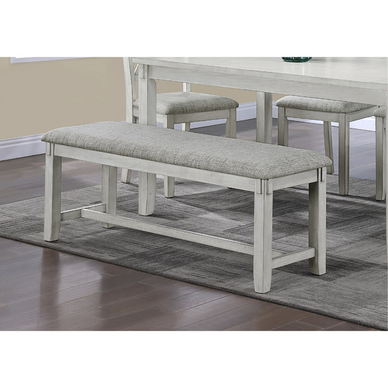 1Pc Driftwood Finish Standard Height Bench Gray White Fabric Upholstered Seat Cushion Tapered Legs Contemporary Transitional Style Dining Room Wooden Furniture