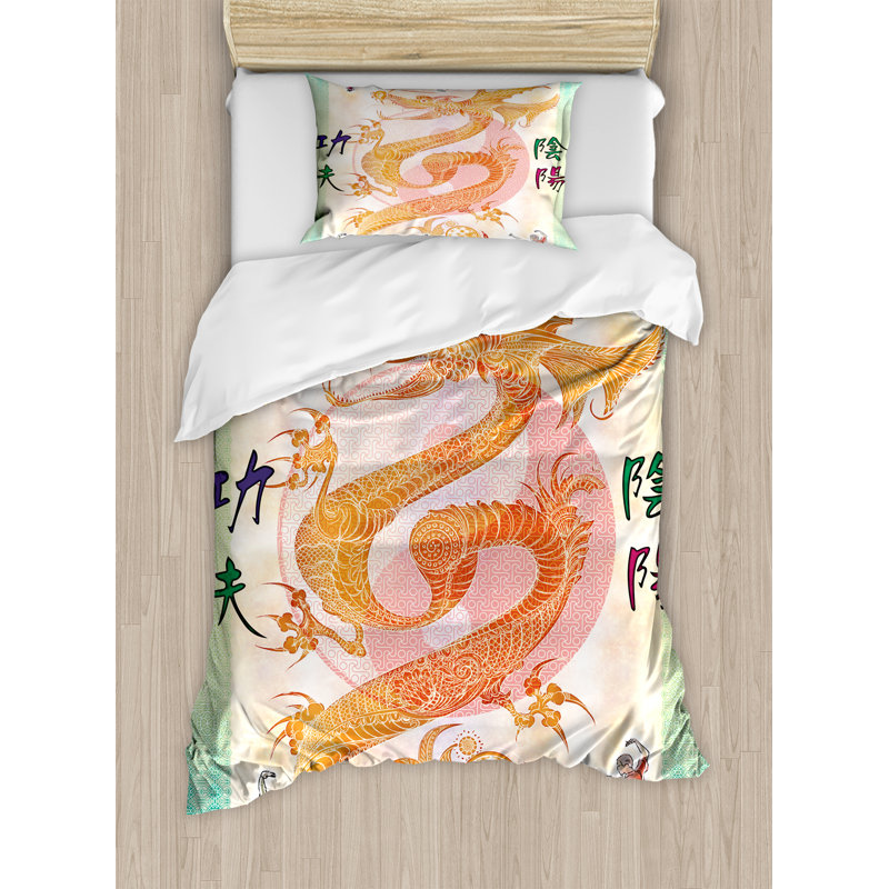 Asian Chinese Dragon Eclectic Polyester Duvet Cover, Twin