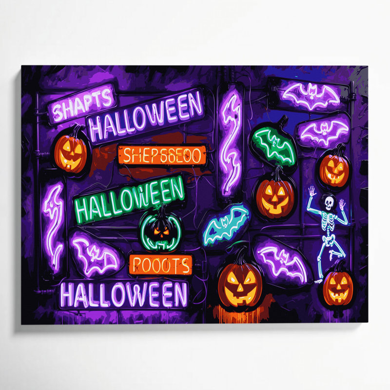 Halloween, enseignes d'Halloween néon, art sur toile mauve, H 20 po x l 30 po