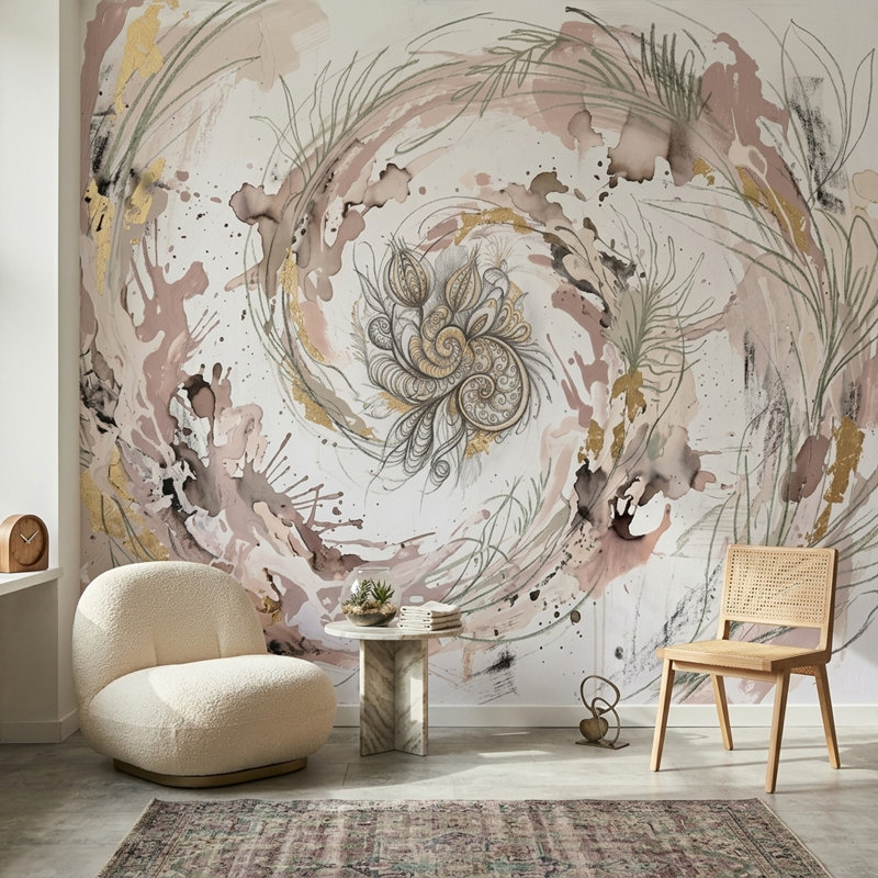 Abstrait aquarelle abstraite mandala floral tourbillon spirale murale, 100 po x 96 po, Texturé non collé