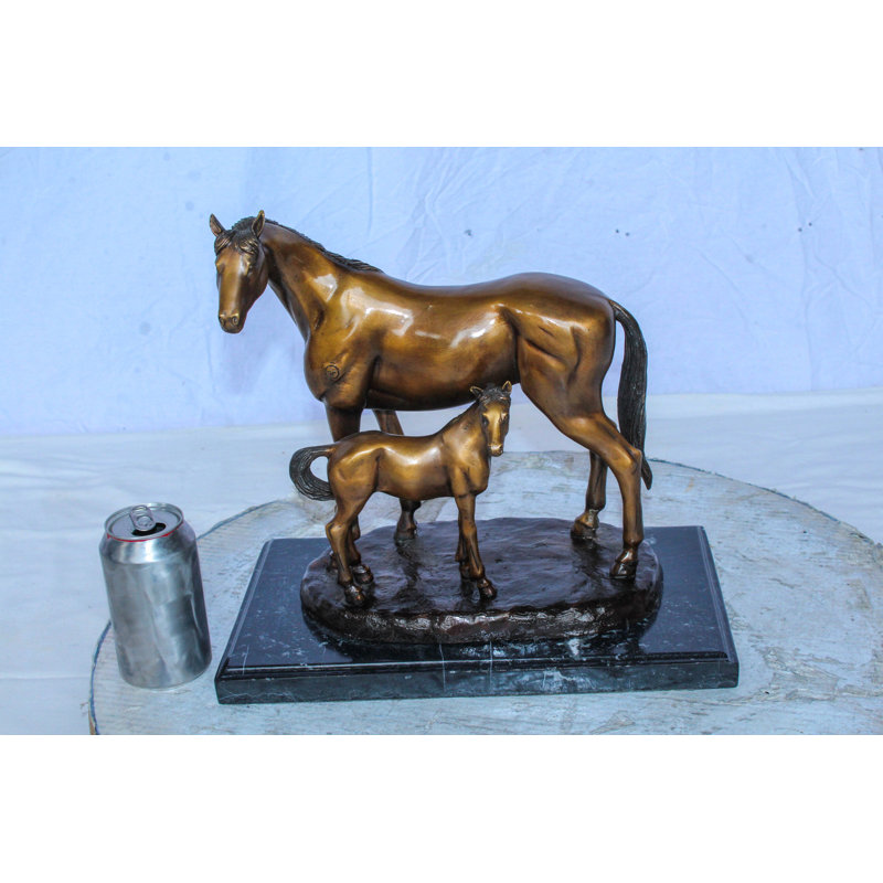 Sculpture cheval et poulain en bronze sur base de marbre 14 po x 8 po x H 13 po