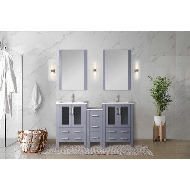 Meuble-lavabo double avec armoire latérale, comptoir en céramique blanche et miroirs