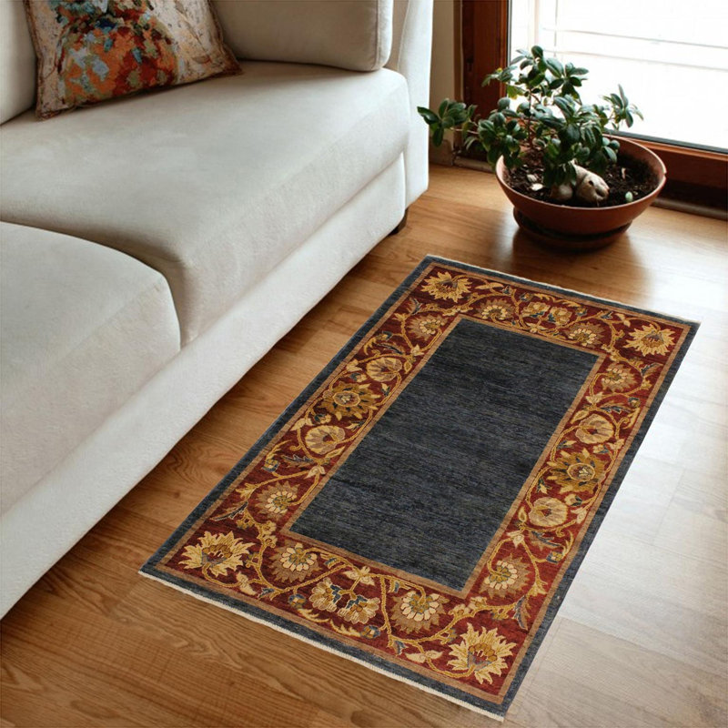 Tapis oriental bleu en laine noué à la main 3 pi 11 po x 5 pi 9 po