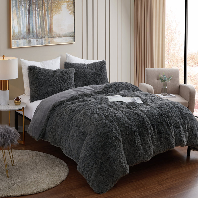 3 Piece Plush Shaggy Comforter Set Ultra Soft Luxurious Faux Fur Decorative Bedding, Queen Comforter + 2 Shams, Dark Gray