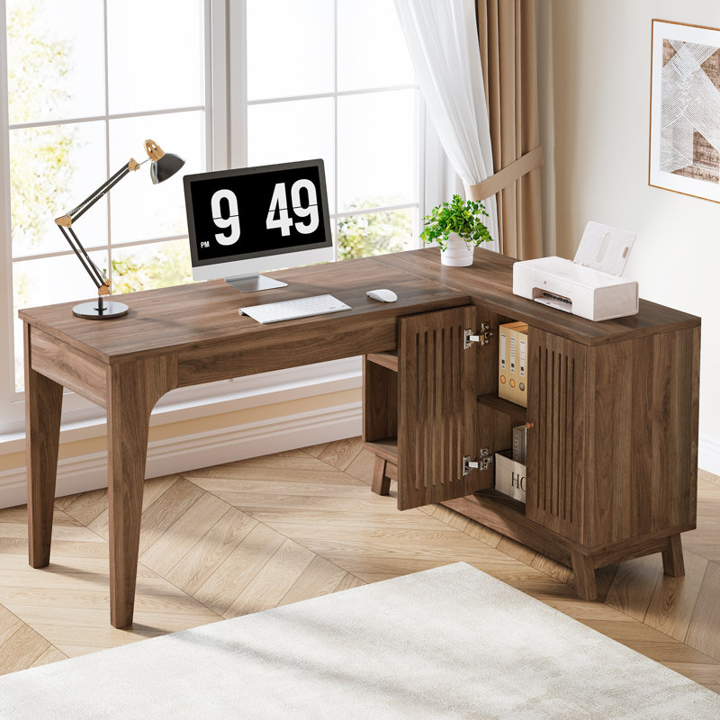 L-Shaped Desk with Storage Cabinet, Corner Computer Desk for Home Office, Walnut