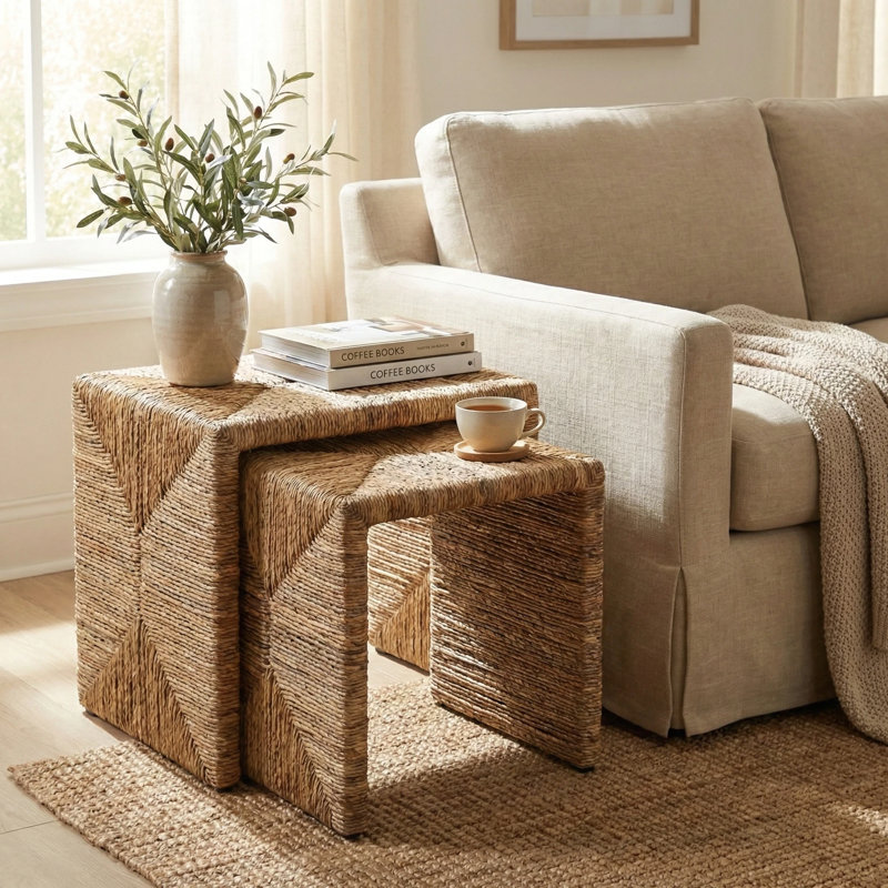 Kanza Abaca Rectangular Nesting Side Table Set Of 2, Natural