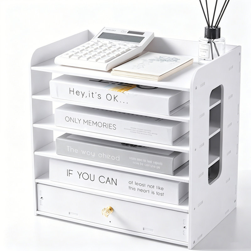 Office Desk Organizer with  4 Section File Holder, Desktop Organizer with Drawer