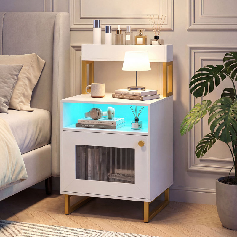 Table de chevet 2 pièces avec lumières DEL, table de bout moderne avec plateau supérieur, compartiment ouvert blanc, White, 2