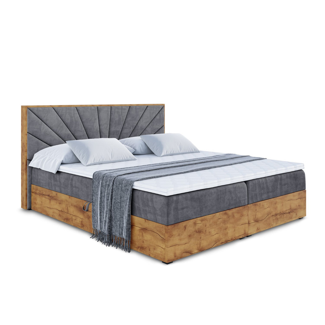 Boxspringbett in Holzoptik mit H3 Bonell-Federkernmatratze, Topper und Bettkasten