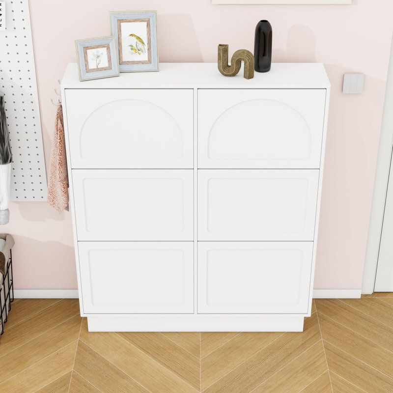 Modern Narrow Tipping Bucket Shoe Cabinet, 6 Flip Drawers, Adjustable Storage and Hooks, White